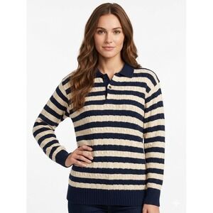 Polo by Ralph Lauren Sweater Women Navy Blue SzL Cream Striped Cable Knit Preppy